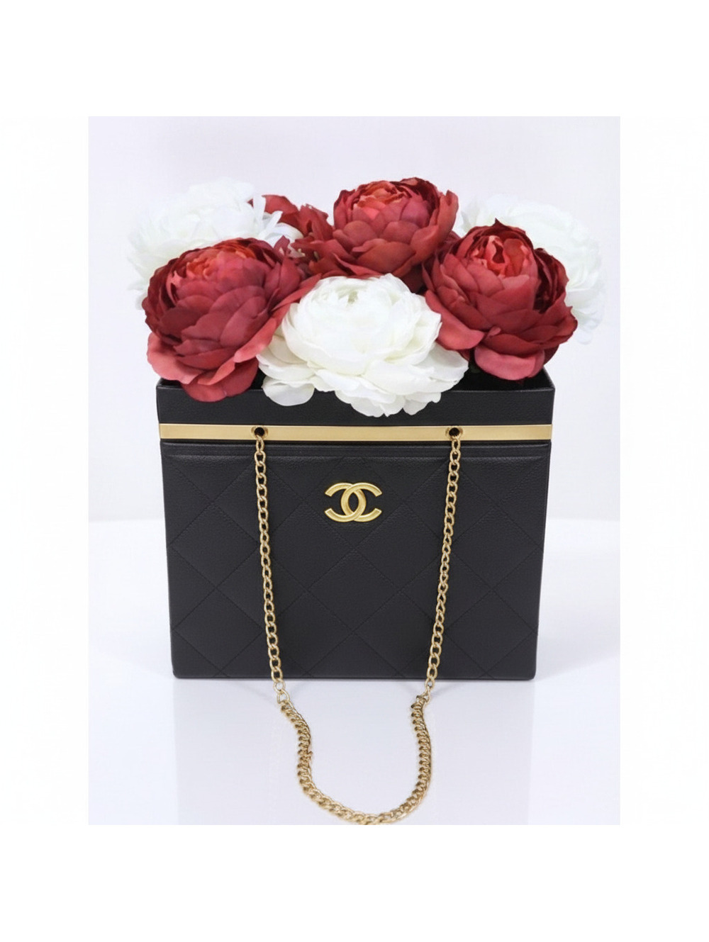 Black Quilted Box Mini Bag with Gold Hardware CC Emblem Flower Bouquet Holder - Picture 3 of 5